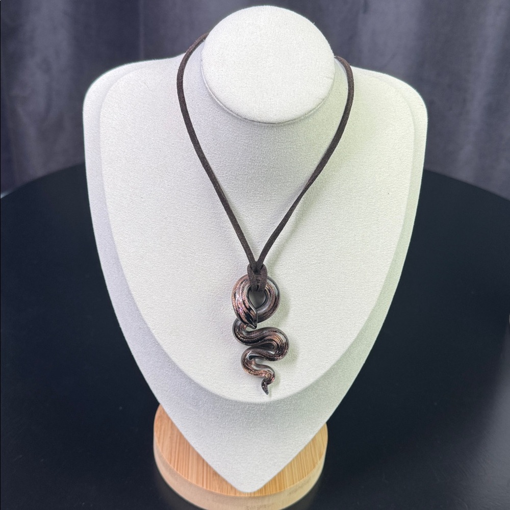 Vintage Italian Murano Art Glass Snake Necklace with Dark Brown Suede Cord
